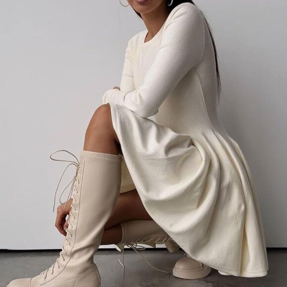 Long Sleeve Flared Skirt Basic Sweater Dress - Picture 1 of 6